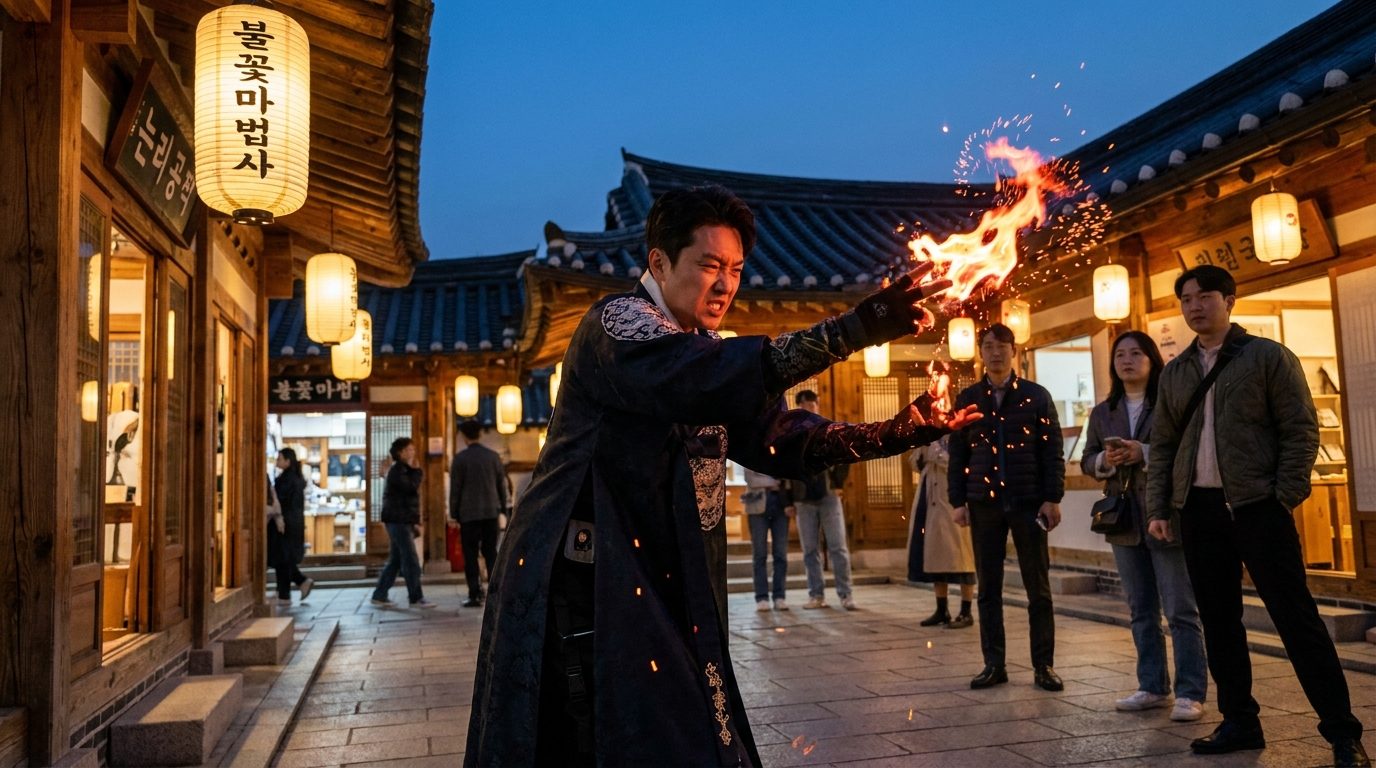 불꽃 마법사가 손끝에서 불꽃을 피우는 역동적인 장면