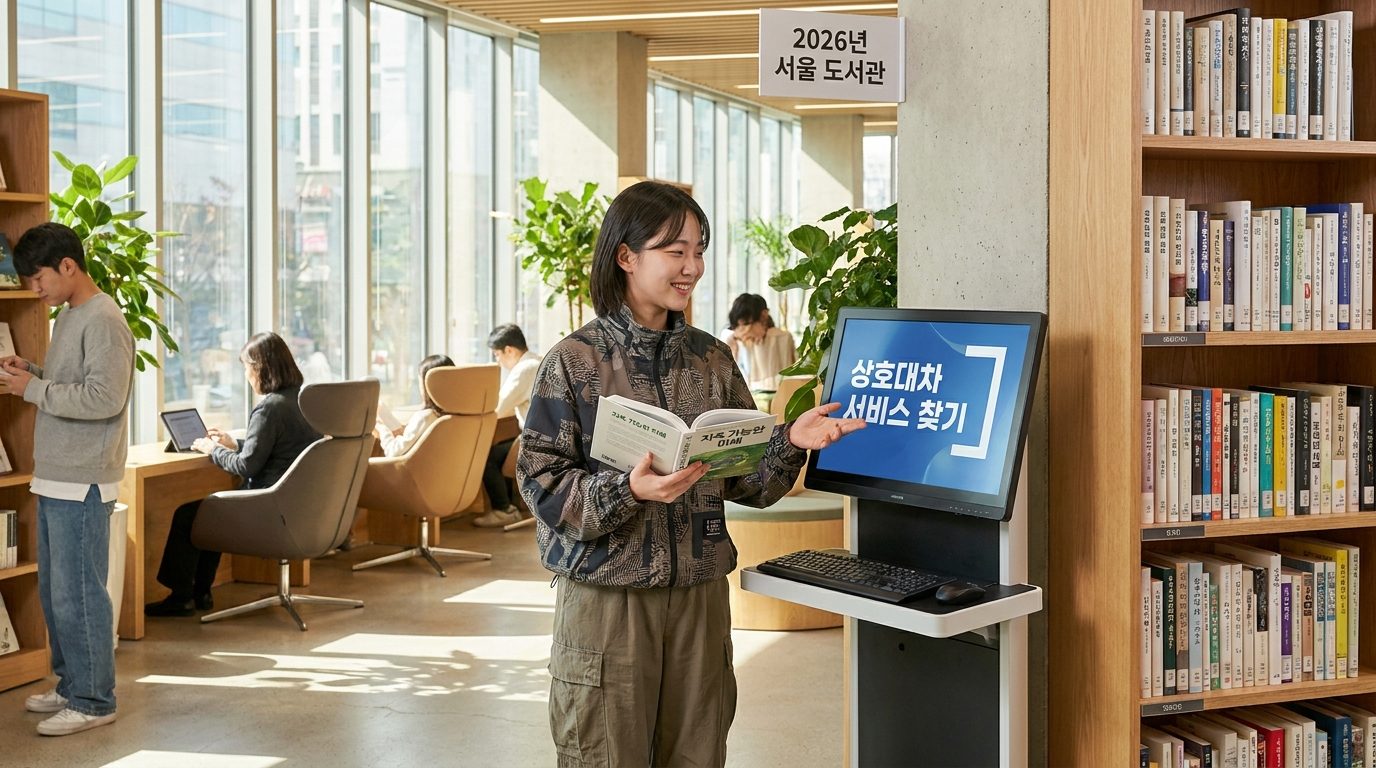 현대적인 한국 도서관에서 책을 찾으며 상호대차 서비스를 검색하는 밝고 쾌활한 젊은 여성의 모습