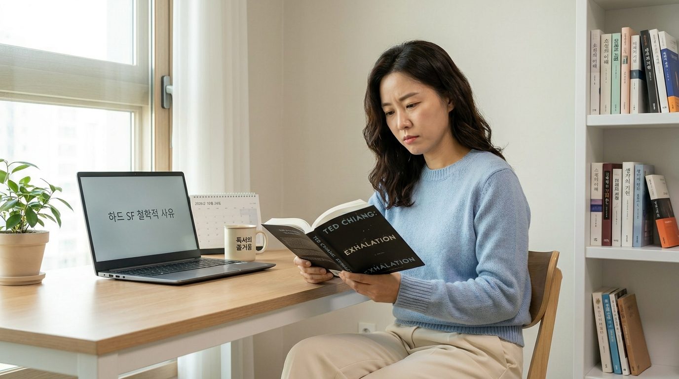 현대적인 한국 주거 공간에서 테드 창 단편집을 읽고 깊이 생각에 잠긴 30대 여성의 모습