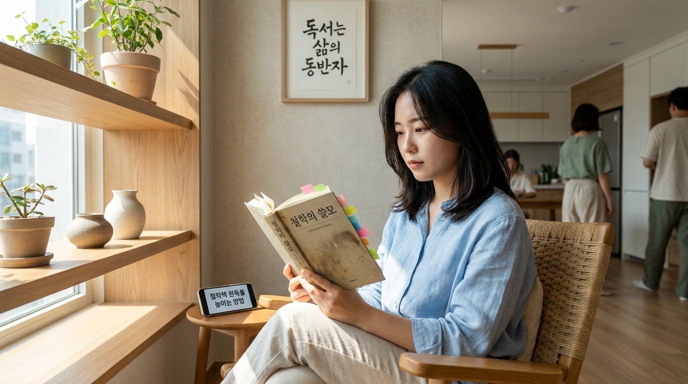 현대 한국 가정의 아늑한 독서 공간에서 연한 파란색 블라우스를 입은 여성이 포스트잇이 붙은 두꺼운 철학책을 집중해서 읽고 있는 모습이다. 스마트폰 화면에 철학책 완독률 높이는 방법 문구가 보인다.