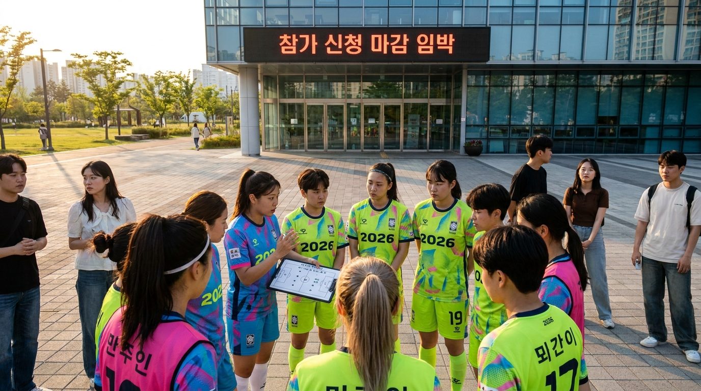 위례 지역 스포츠 시설 근처에서 여성 풋살 팀이 경기 전략을 논의하며 참가 신청 마감 임박 배너를 배경으로 집중하는 모습