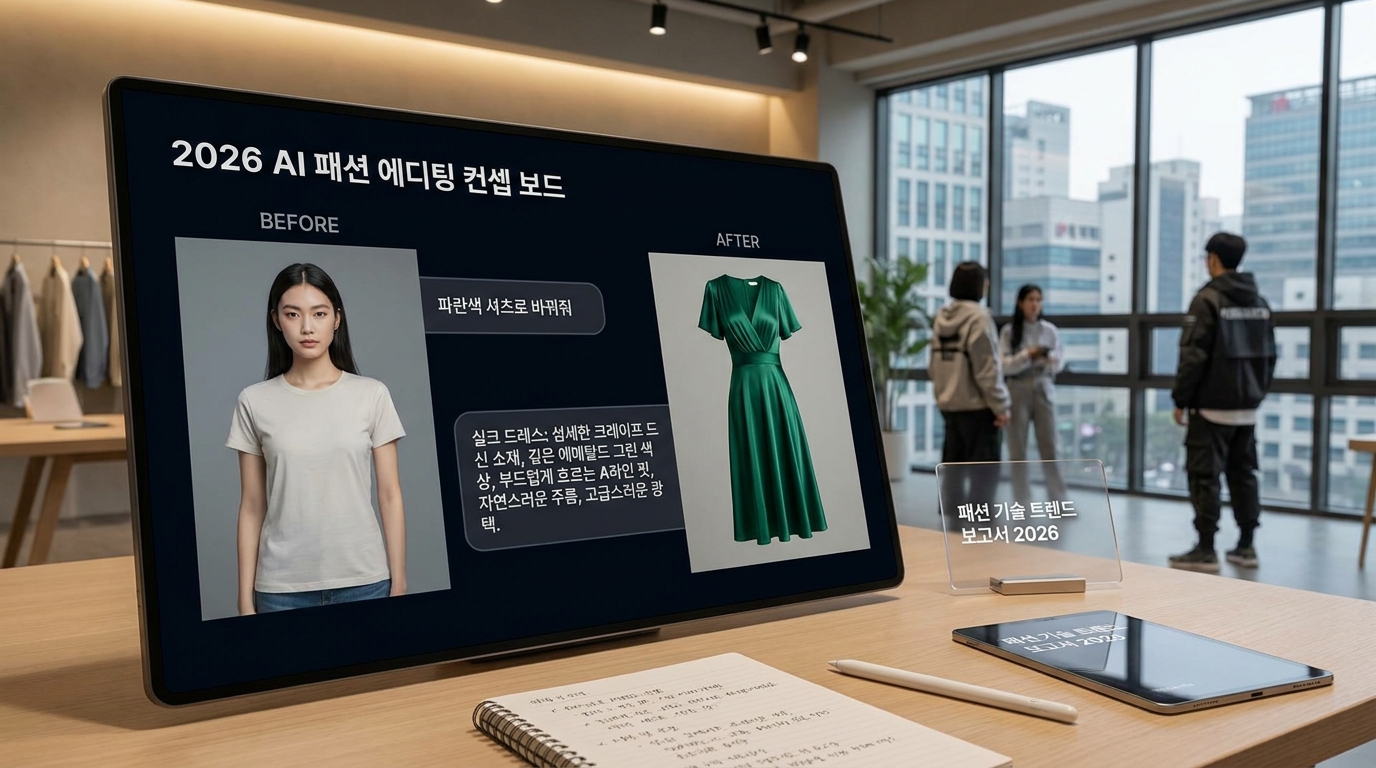 AI 이미지 편집용 구체적인 옷 변경 프롬프트가 적힌 한국어 텍스트가 보이는 패션 콘셉트 보드