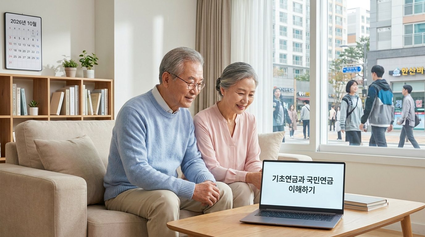 기초연금 국민연금 동시수령: 따뜻한 거실에서 노부부가 기초연금과 국민연금에 관해 노트북을 보며 의논하고 있는 모습