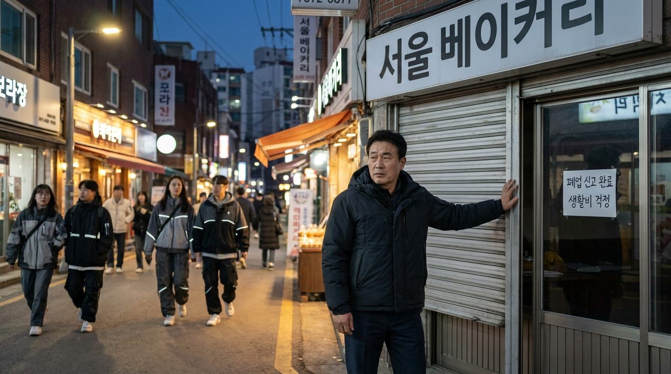 폐업 후 취업지원: 가게 문을 닫으며 걱정스러운 표정을 짓는 소상공인 모습