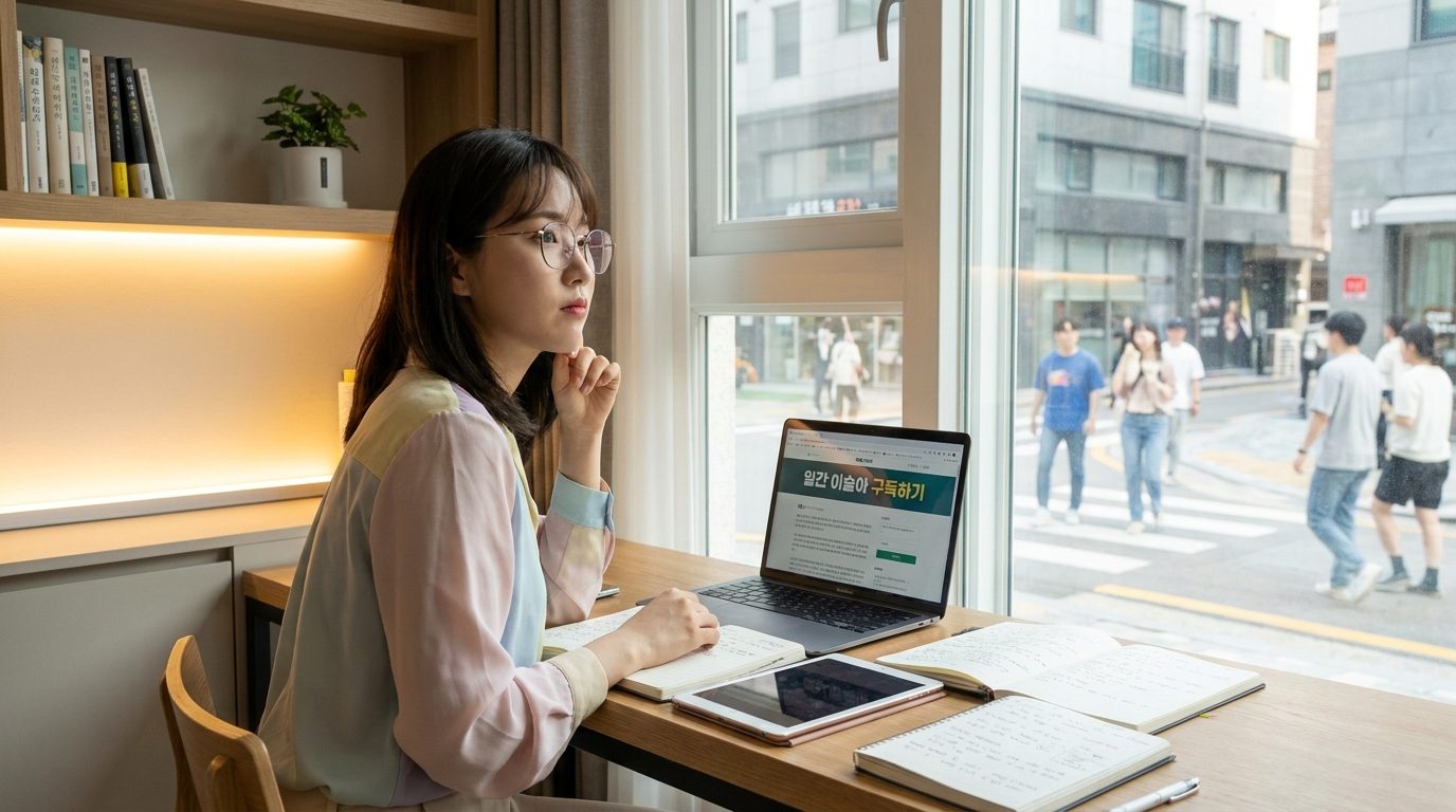 젊은 한국 여성이 아늑한 책상에 앉아 노트북으로 이메일 구독 페이지를 보며 창의적으로 콘텐츠를 제작하는 모습