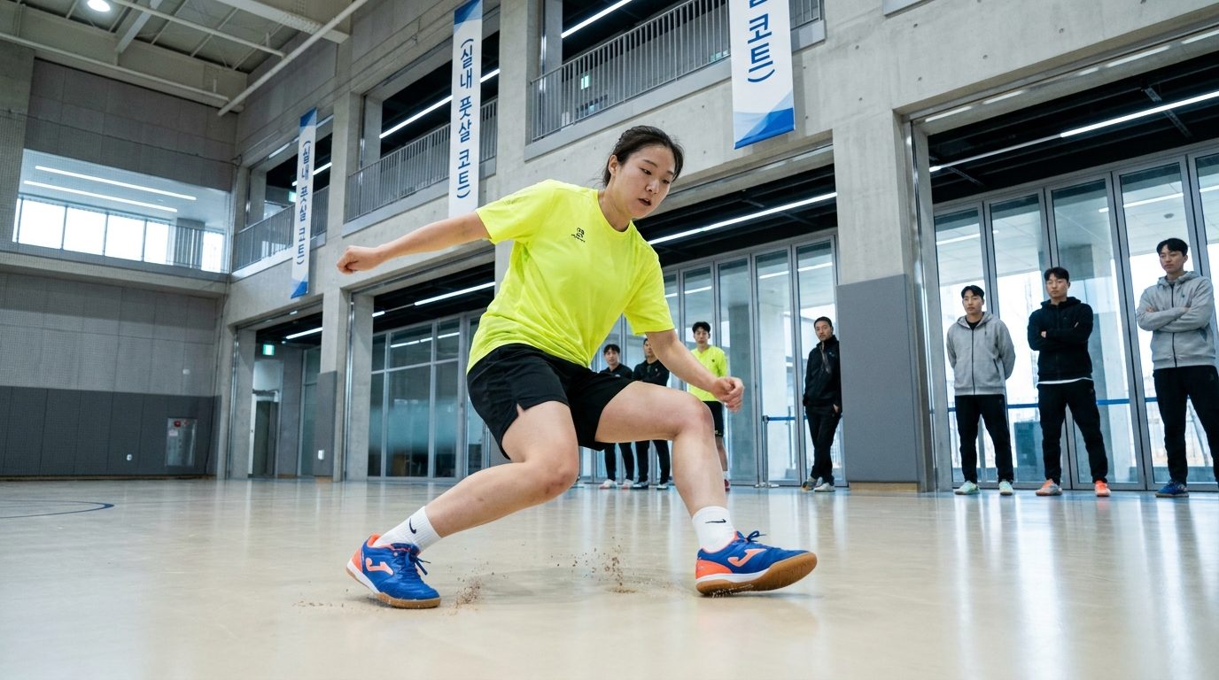 우레탄 실내 코트에서 실내화 신고 빠르게 움직이는 여성 풋살 선수 모습
