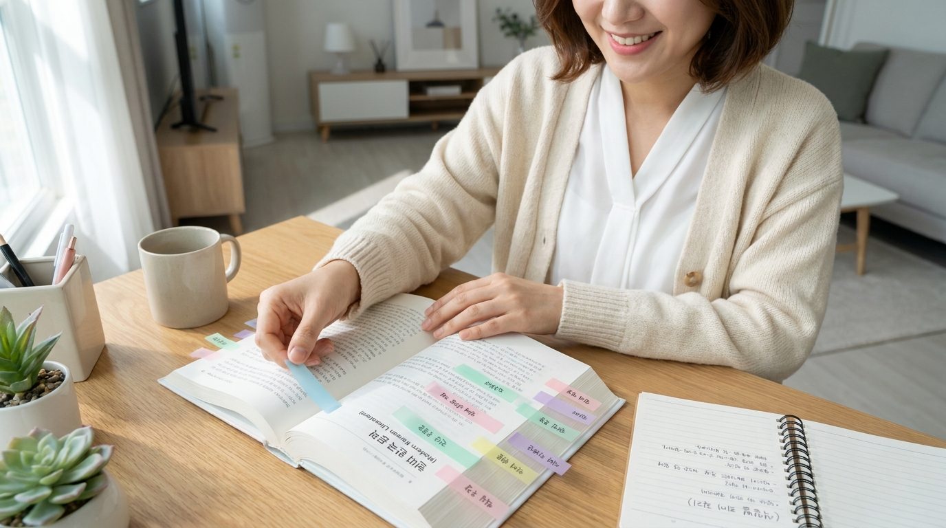 밝고 깔끔한 책상 위에 여러 색깔의 인덱스 플래그를 분류하며 미소 짓는 여성, 책상 옆 노트에 색깔별 의미가 정리된 한글 문구가 적혀 있다.