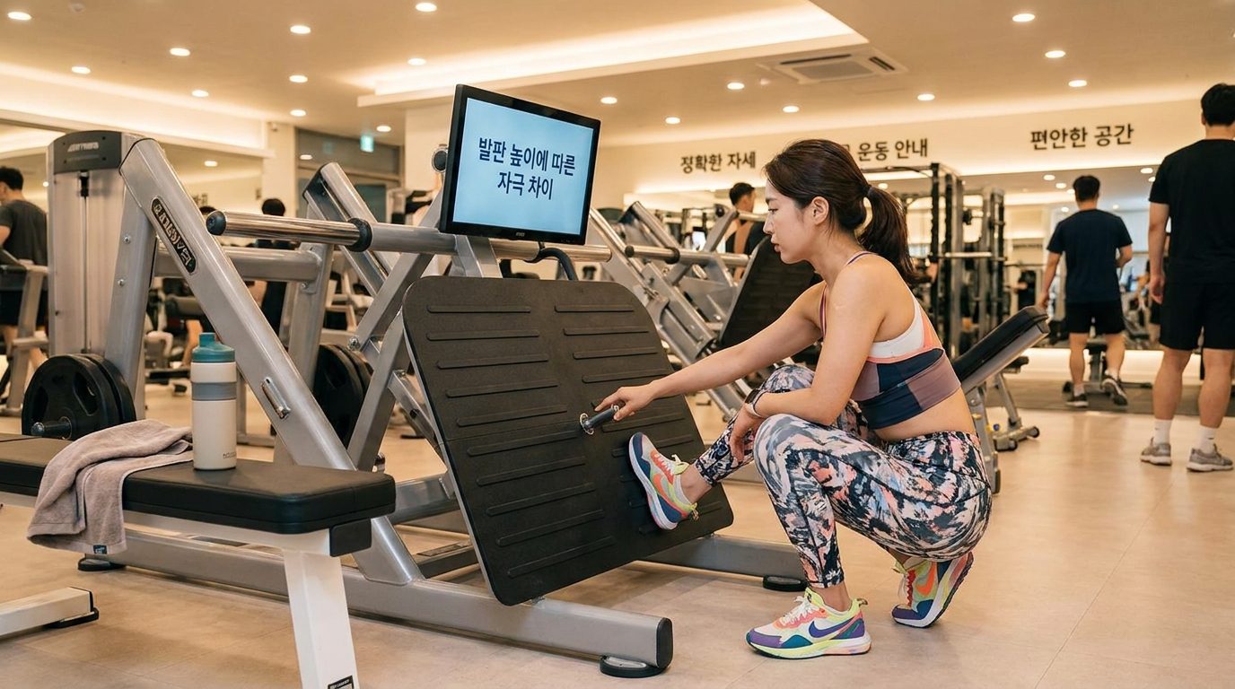 레그프레스 머신 발판 높낮이 조절하는 한국인 여성