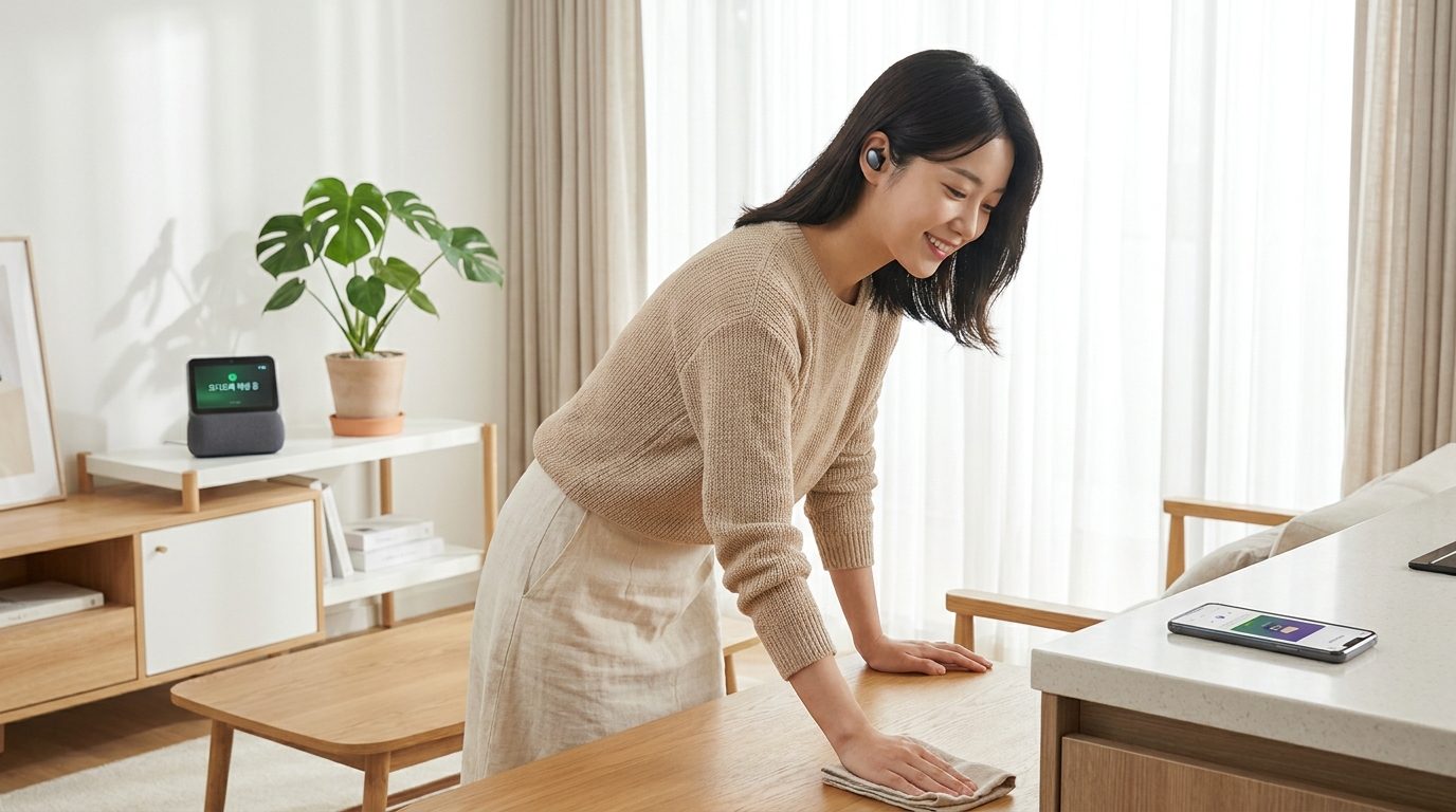 가사 일을 하면서 오디오북을 듣는 한국 젊은 여성의 모습