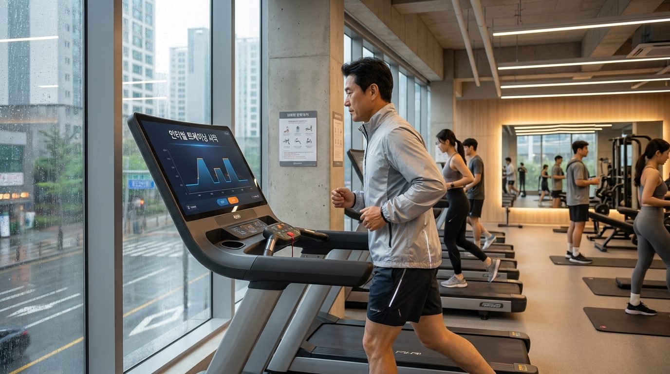 비 오는 날 현대적인 한국 체육관에서 인터벌 러닝머신을 하는 중년 한국인 남성의 모습