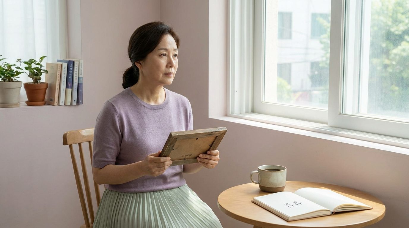부드러운 빛이 드는 방 창가에서 연한 보라색과 연두색 옷을 입은 여성이 상실과 그리움을 담아 사진 액자를 바라보고 있다.