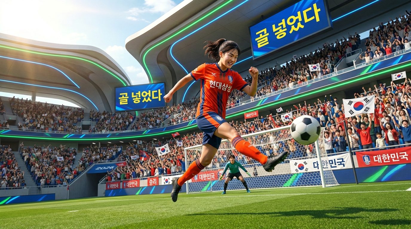 여자 축구 공격수가 골을 넣는 2026년 한국 축구 경기장 현장