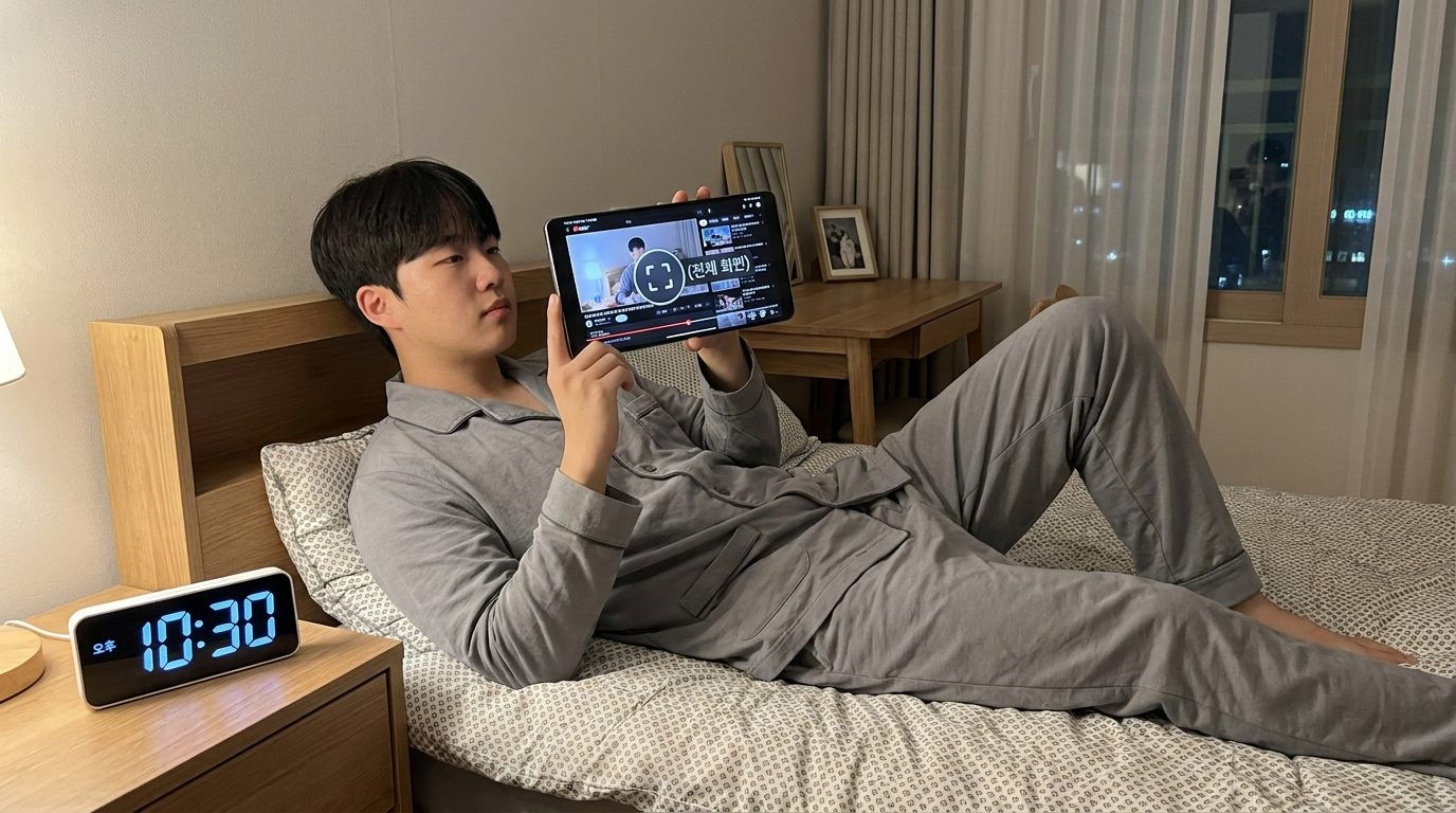 침대에 누워 유튜브 영상을 가로 모드로 시청하는 젊은 한국인의 모습