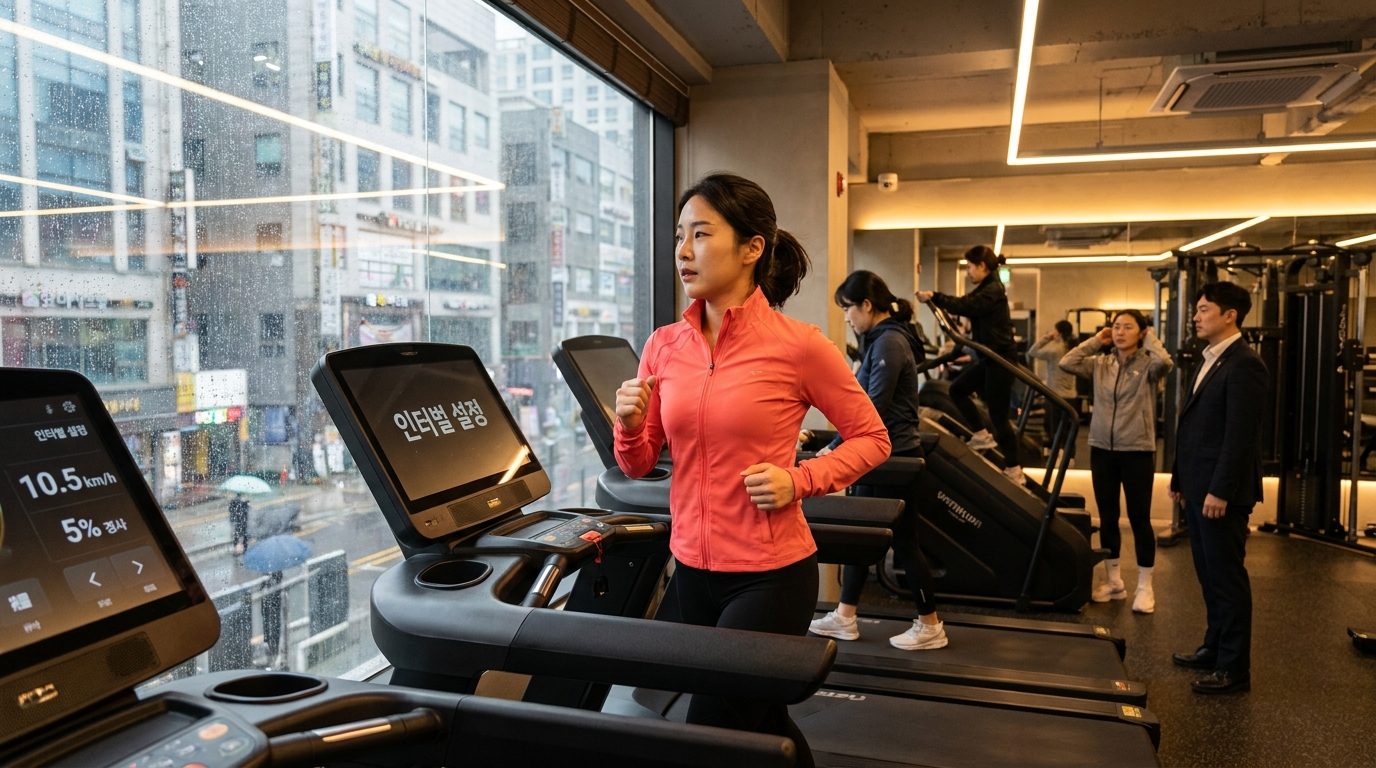 비 오는 날 실내에서 러닝머신을 이용해 운동하는 한국 젊은 여성의 모습, 창 밖 비가 내리는 풍경이 보임.