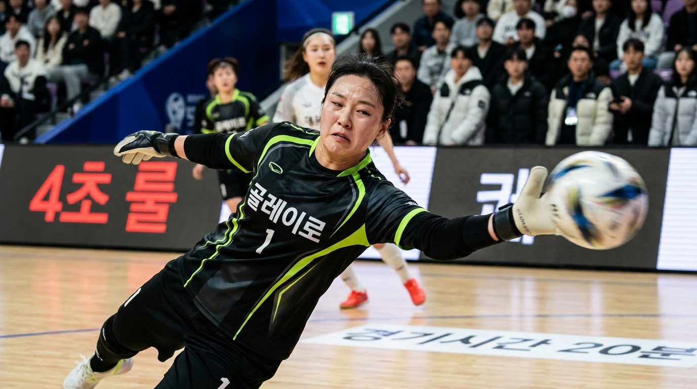 여성 골키퍼가 공을 막는 순간을 포착한 클로즈업 액션샷, 2026년 한국 스포츠 스타일 유니폼을 입고 있으며 경기장 표시는 모두 한글로 되어 있다.