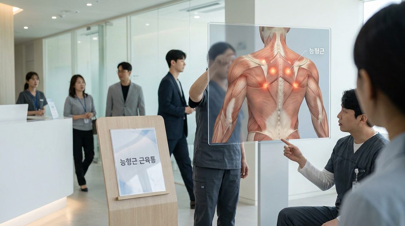 능형근의 근육 긴장 부위를 강조한 현대 한국의 해부학 교육용 이미지