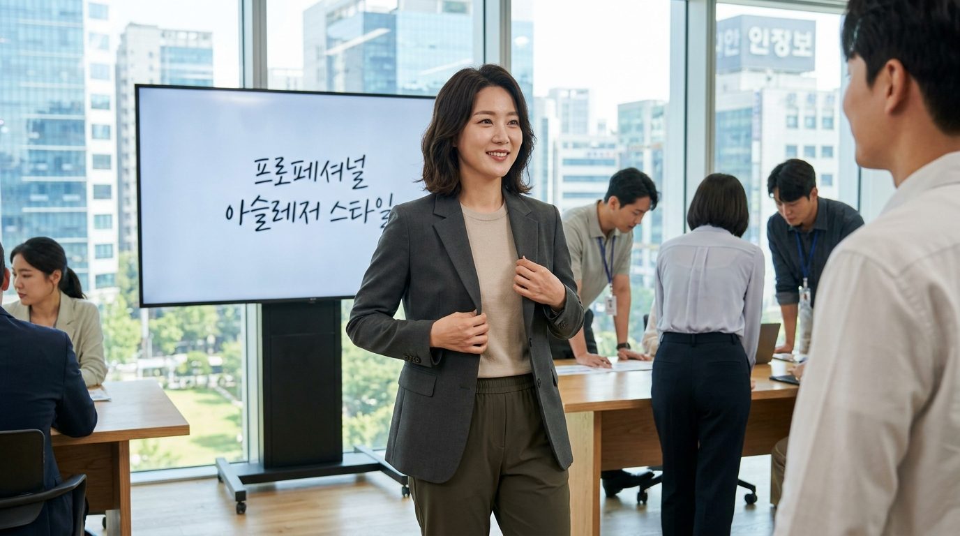 현대적인 사무실에서 세련된 애슬레저룩을 입은 한국 여성 직장인 모습