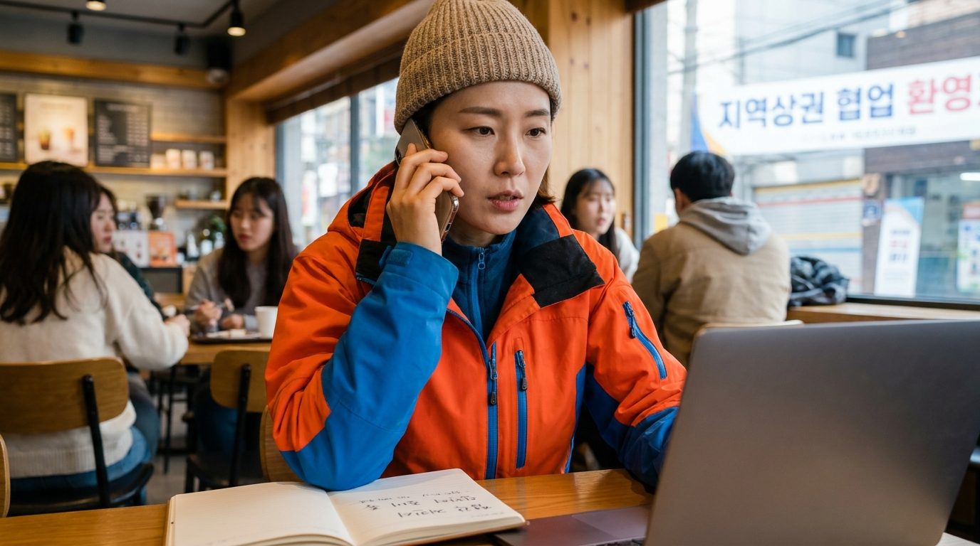 여성 팀 주장이 카페에서 협찬 제안을 위해 스마트폰으로 통화하는 모습