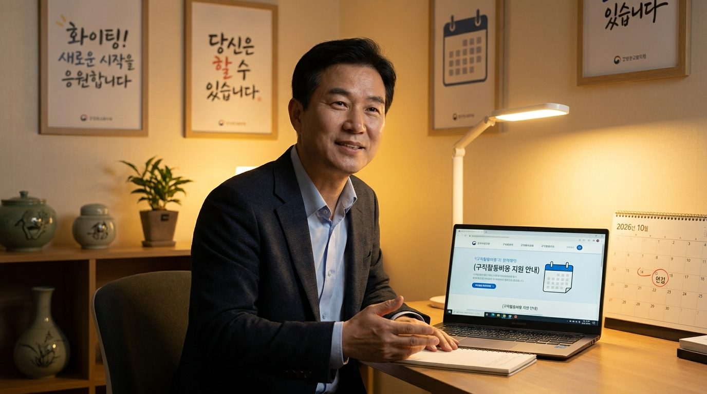 이직 준비 중인 중장년 한국 구직자가 따뜻한 방에서 노트와 노트북으로 준비하는 모습