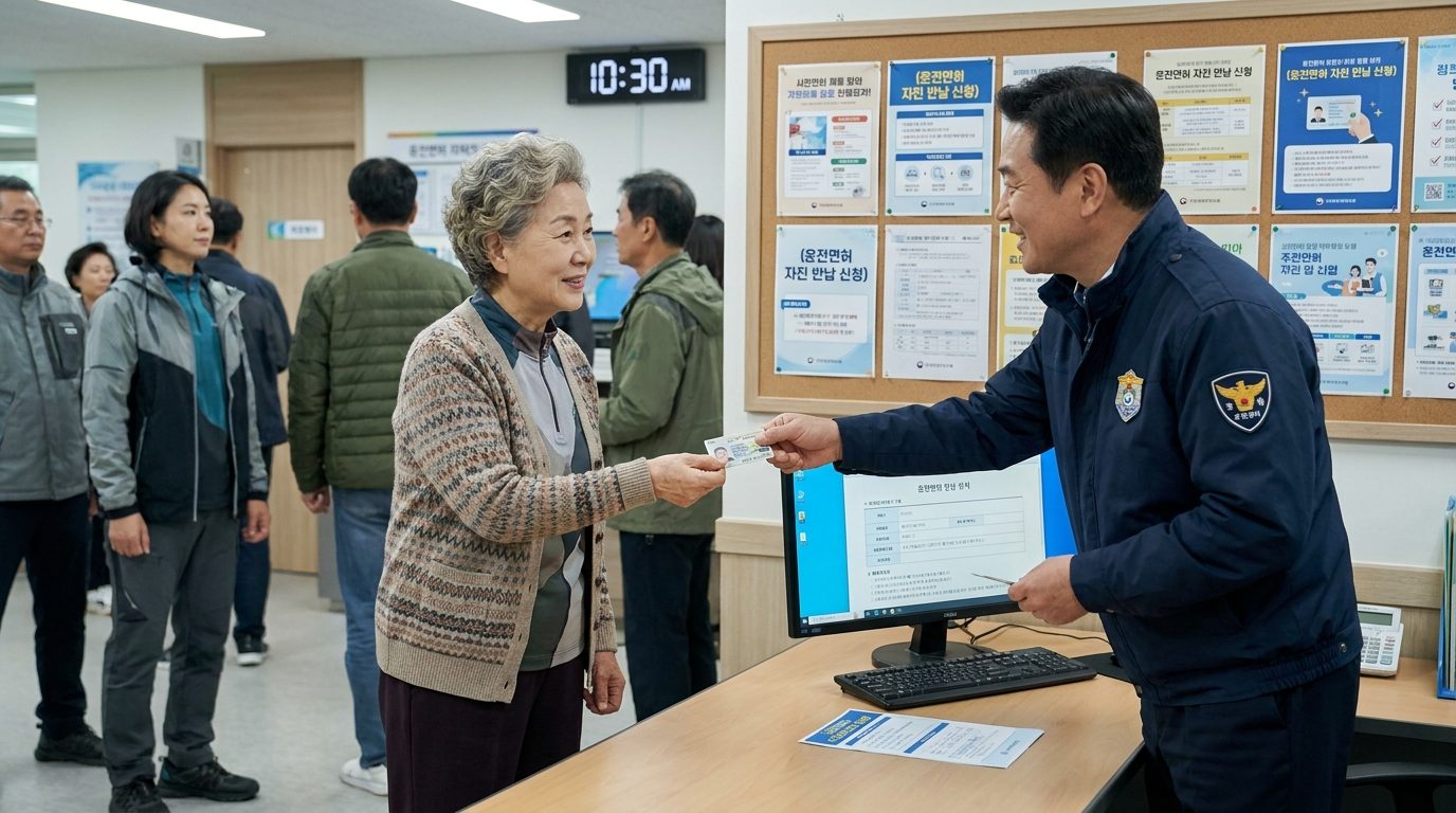2026년 가을차림을 한 노년 여성이 동 주민센터에서 운전면허를 반납하며 신청서를 제출하는 모습