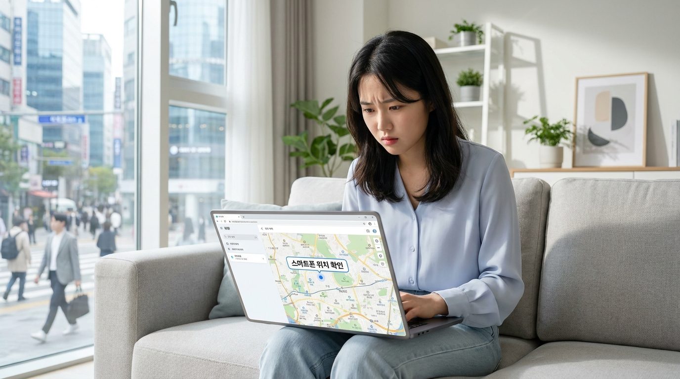 현대적인 한국 아파트 거실에서 노트북으로 스마트폰 위치를 확인하는 걱정하는 한국 여성