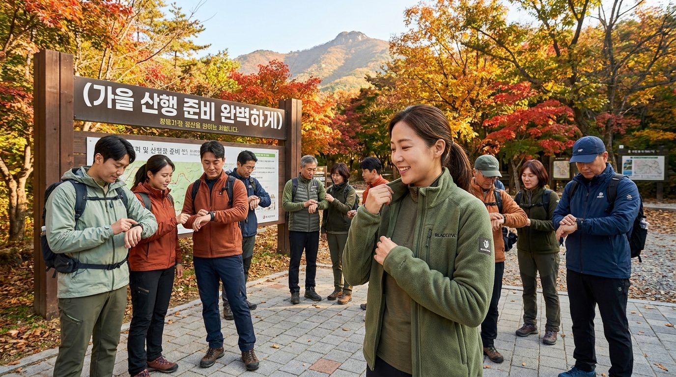 가을 산행을 준비하는 2026년 대한민국의 다양한 한국인 등산객들이 가을 단풍이 물든 산 입구에 모여 있는 모습