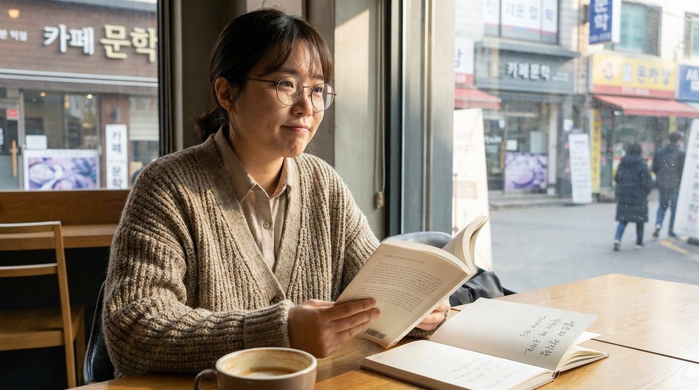 한국 현대 문학 카페에서 소설을 읽는 냉소적 태도를 가진 한국 여성