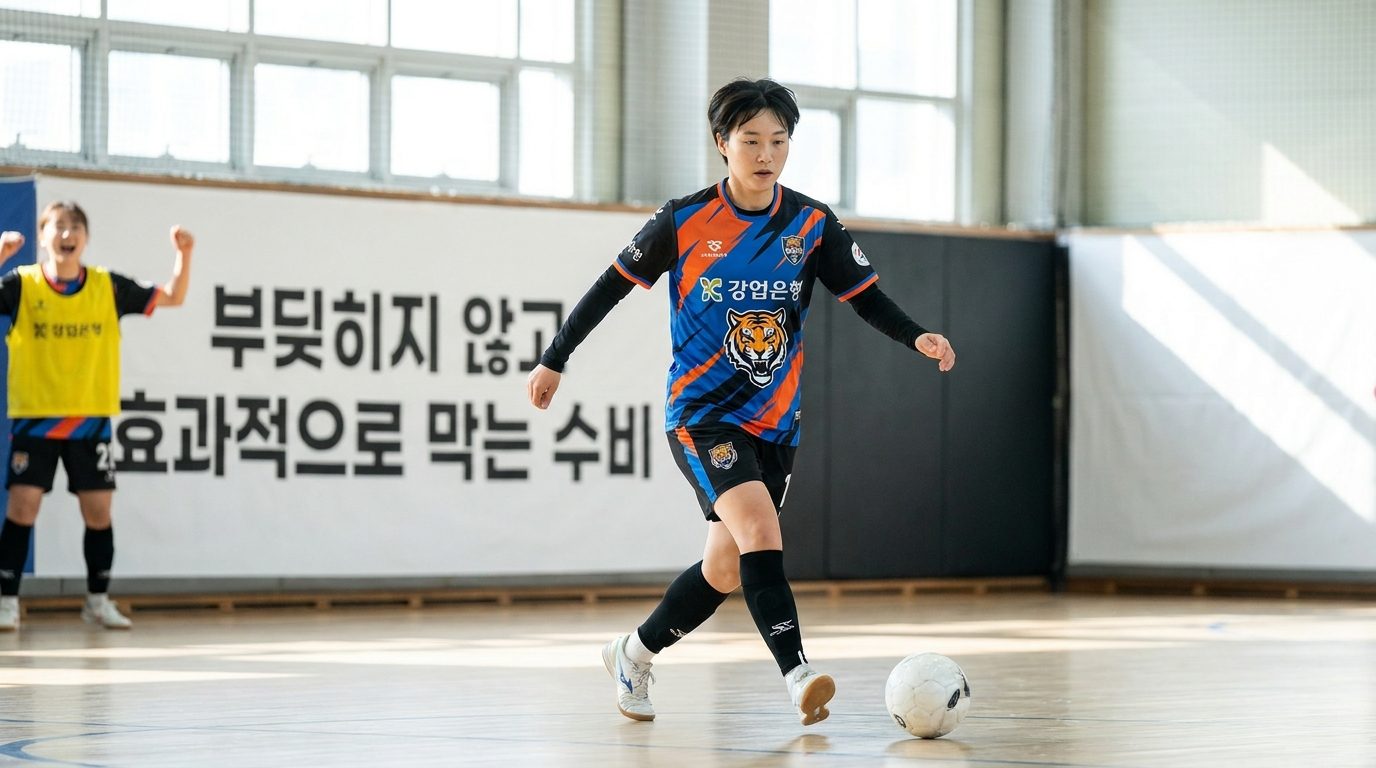 몸을 부딪히지 않고 발로 공을 막는 동작을 취하는 한국 여성 풋살 선수의 근접 촬영 장면
