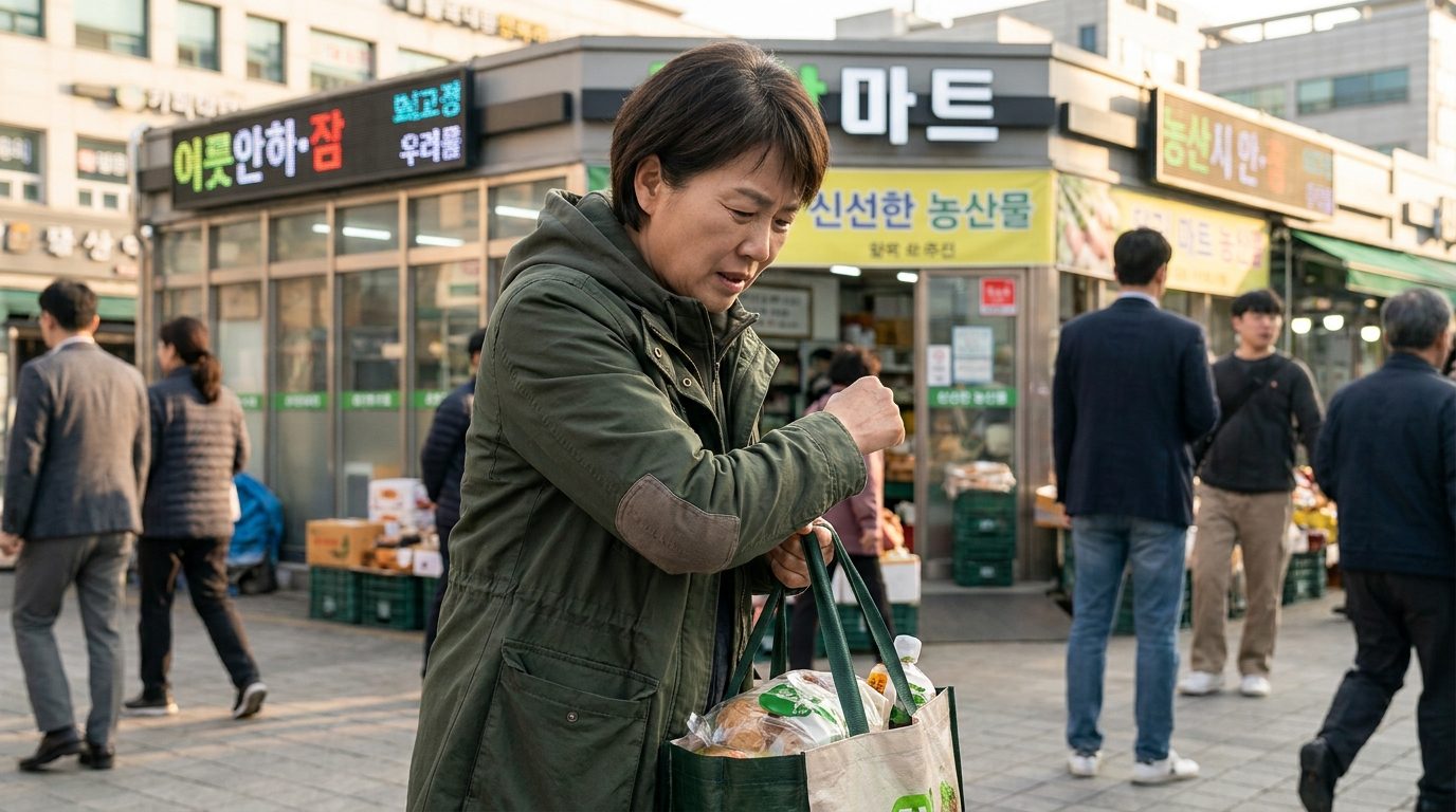 마트에서 무거운 가방을 들며 팔꿈치 바깥쪽에 통증을 느끼는 40~50대 한국인 남성의 모습