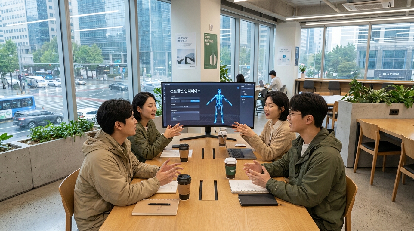 2026년 대한민국 현대 사무실에서 여러 한국인이 ControlNet AI 포즈 제어 기술을 논의하는 모습의 실사 이미지