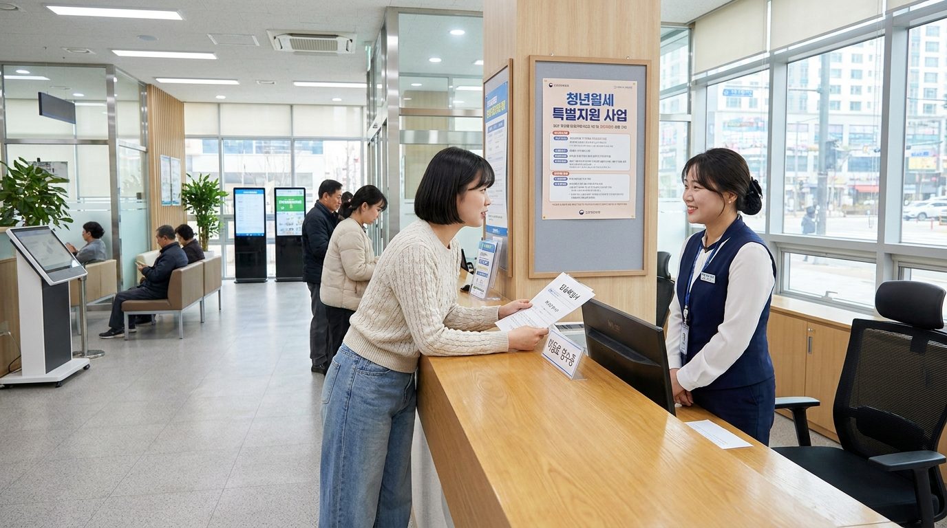 2026년 한국의 지자체 청년 정책 사무실에서 월세 지원 관련 서류를 상담하는 장면