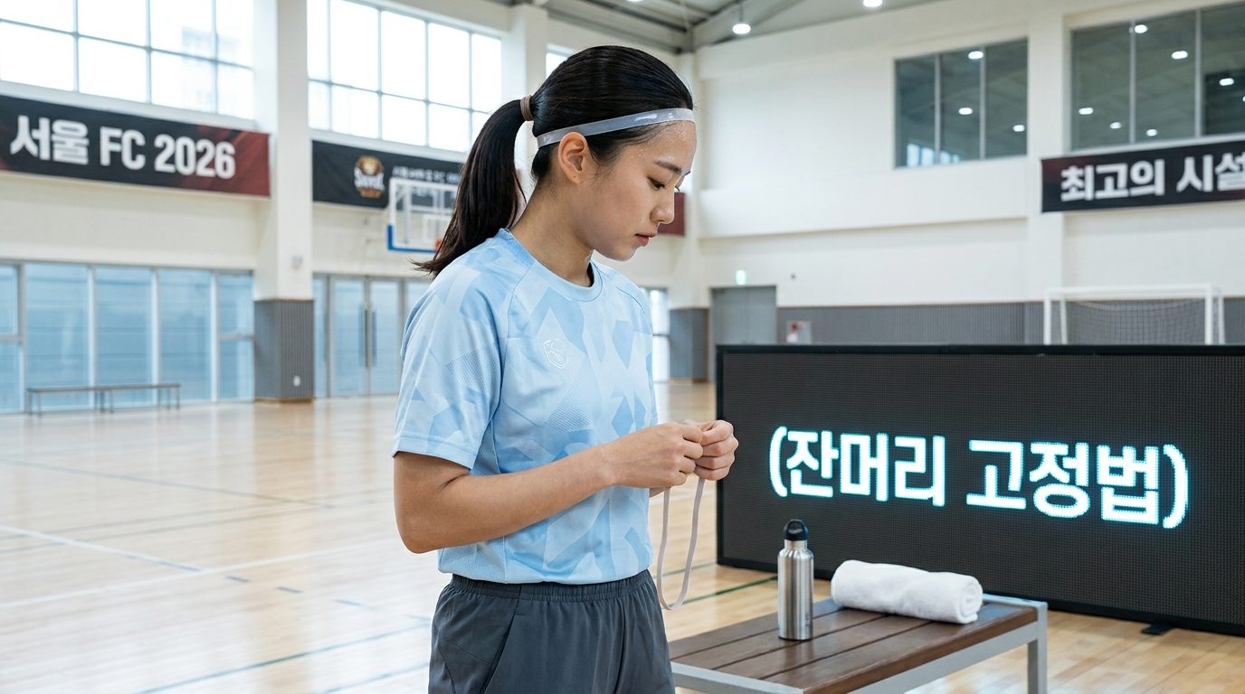어깨 길이 머리를 고정하는 한국 여자 풋살 선수의 준비 모습