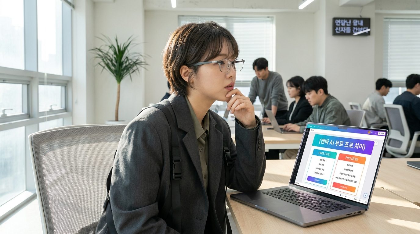 캔바 AI 무료 프로 차이에 대해 고민하는 현대 한국 사무실 근무자의 모습