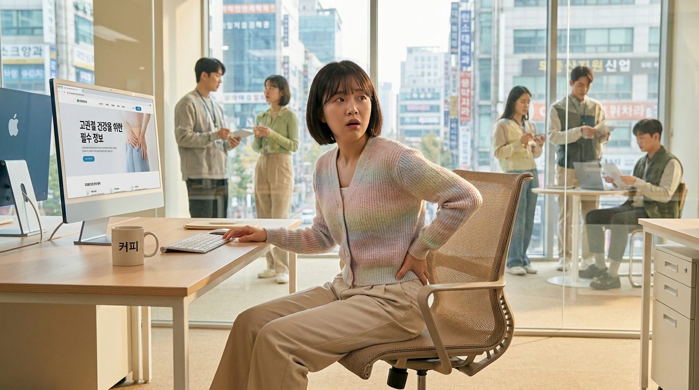 고관절에서 소리가 나서 걱정하는 한국인 직장인 모습