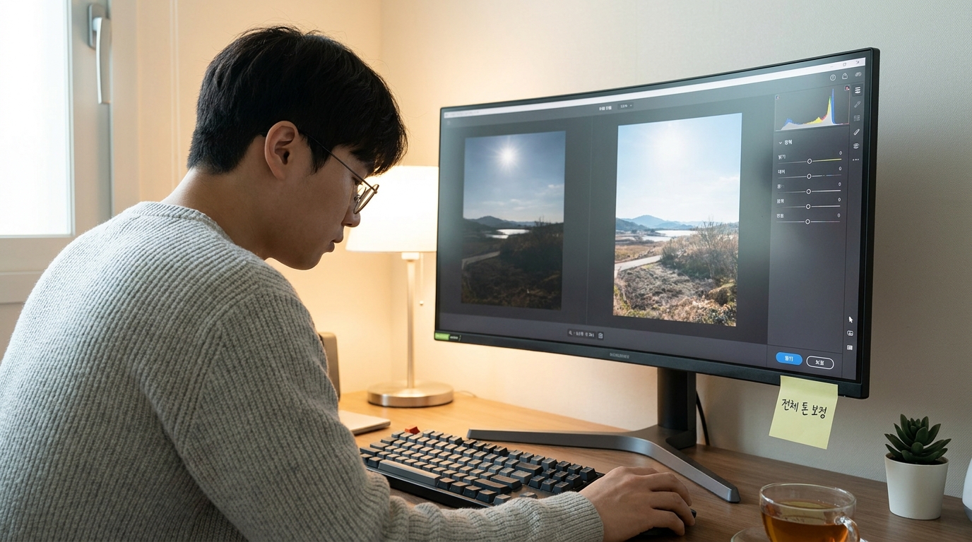 사진 편집 소프트웨어에서 밝기와 대비를 조정하는 모습, 모니터에 전체 톤 보정 문구가 붙어 있음