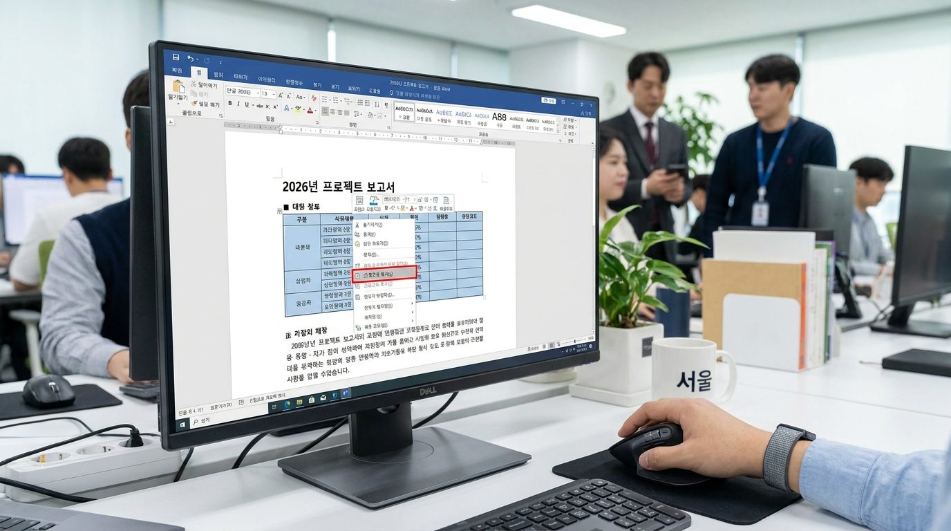 모니터에서 워드 문서의 표를 그림으로 복사하는 기능을 사용하는 손의 클로즈업