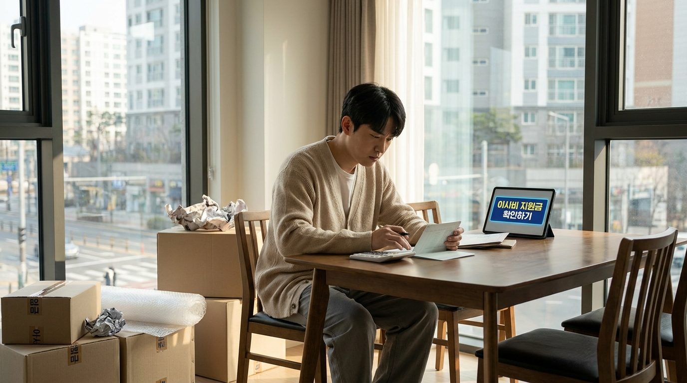 이사비 지원금: 매우 걱정하는 표정으로 이사비와 은행 잔고를 확인하는 젊은 한국인이 자연광이 들어오는 모던한 아파트에서 현대적이고 깔끔한 캐주얼 옷차림으로 앉아 있는 모습