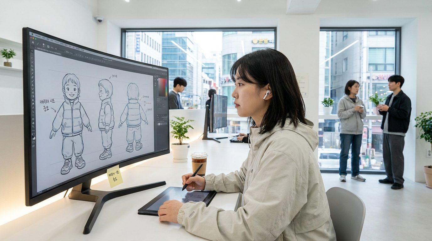 AI 그림책 삽화 캐릭터 시트: 한국의 현대적인 작업 공간에서 어린이 책 캐릭터 시트를 만들고 있는 2026년 패션의 젊은 한국인 일러스트레이터 모습