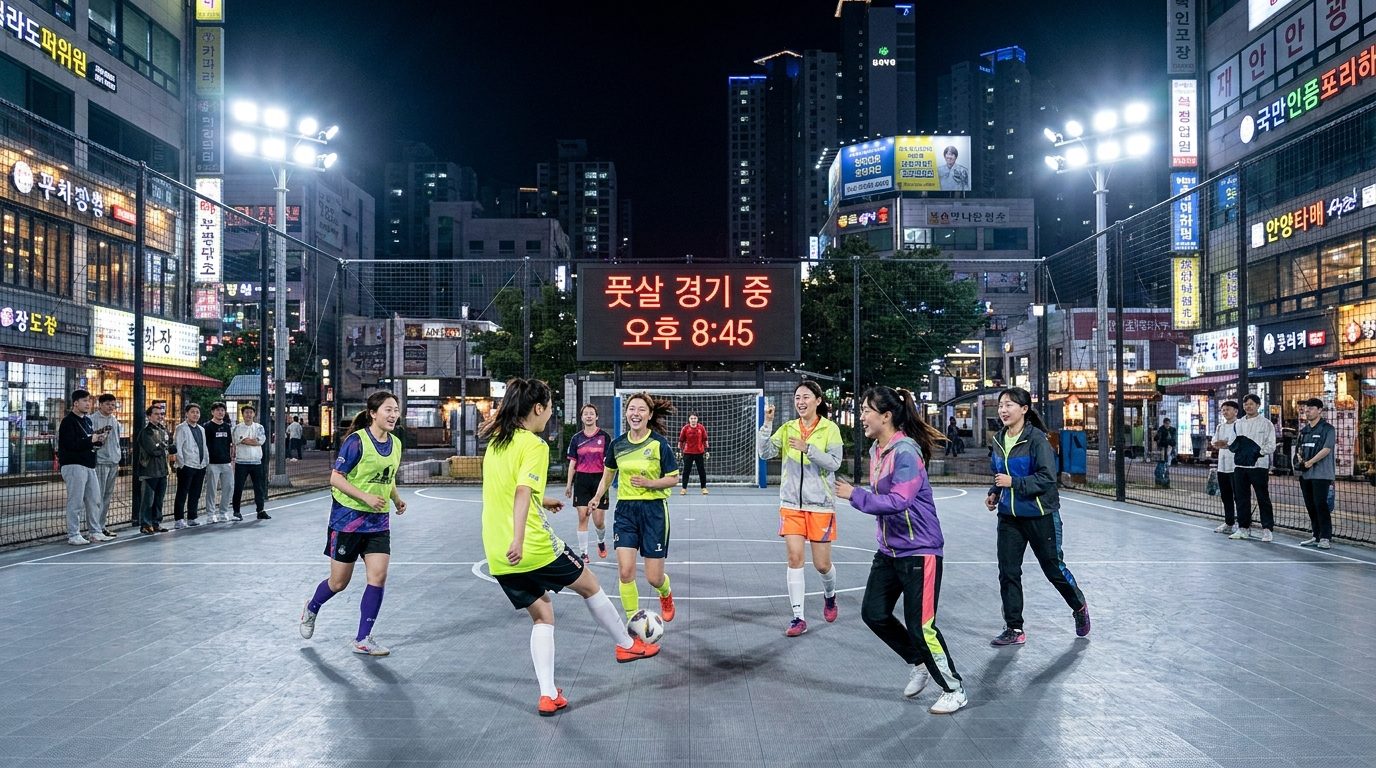 야간 조명 아래에서 여성들 풋살 경기를 하고 있는 모습