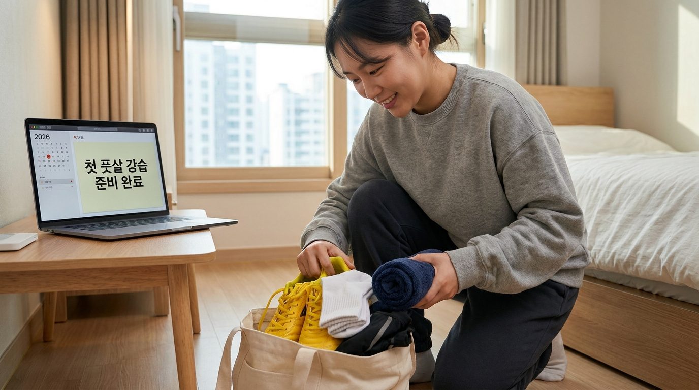 풋살 강습 전 준비물을 챙기는 한국 여성의 모습 밤