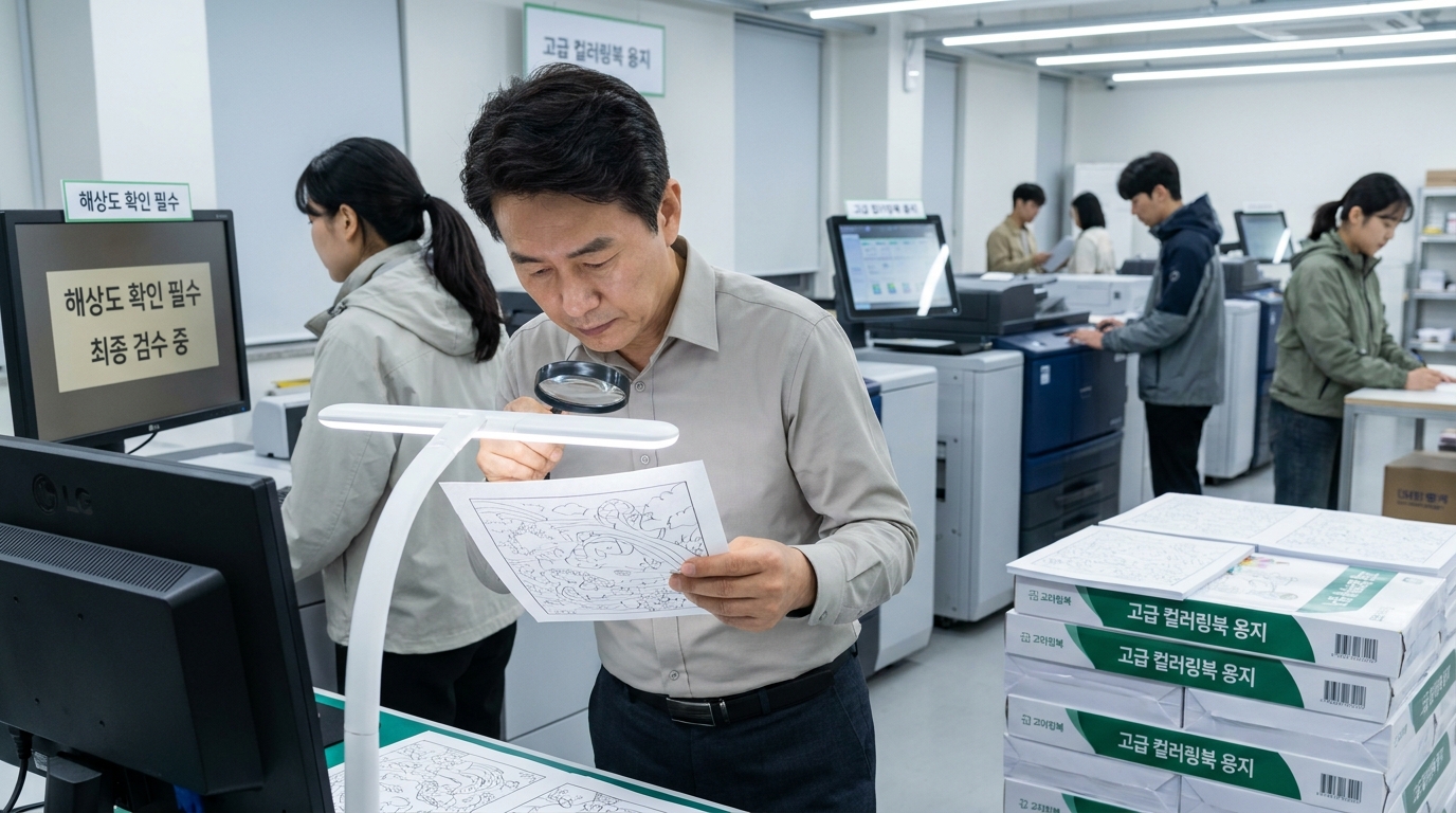 인쇄 품질을 검사하는 한국의 인쇄 스튜디오 전문가, 밝은 LED 조명 아래 고해상도 라인아트 컬러링북 페이지를 세밀히 점검하는 모습
