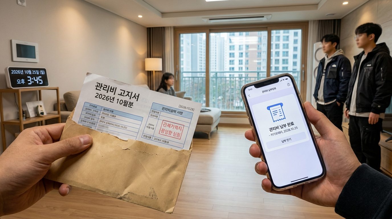 전통적인 종이 고지서와 스마트폰 디지털 결제 화면을 대비하여 보여주는 한국 아파트 환경