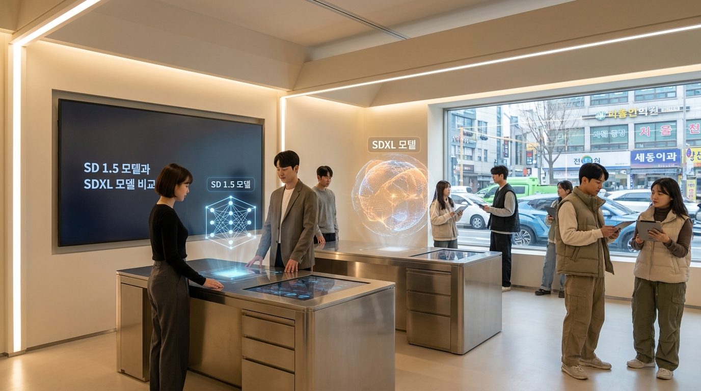 SD1.5 모델과 SDXL 모델의 비교를 보여주는 한국 기술 연구실 장면
