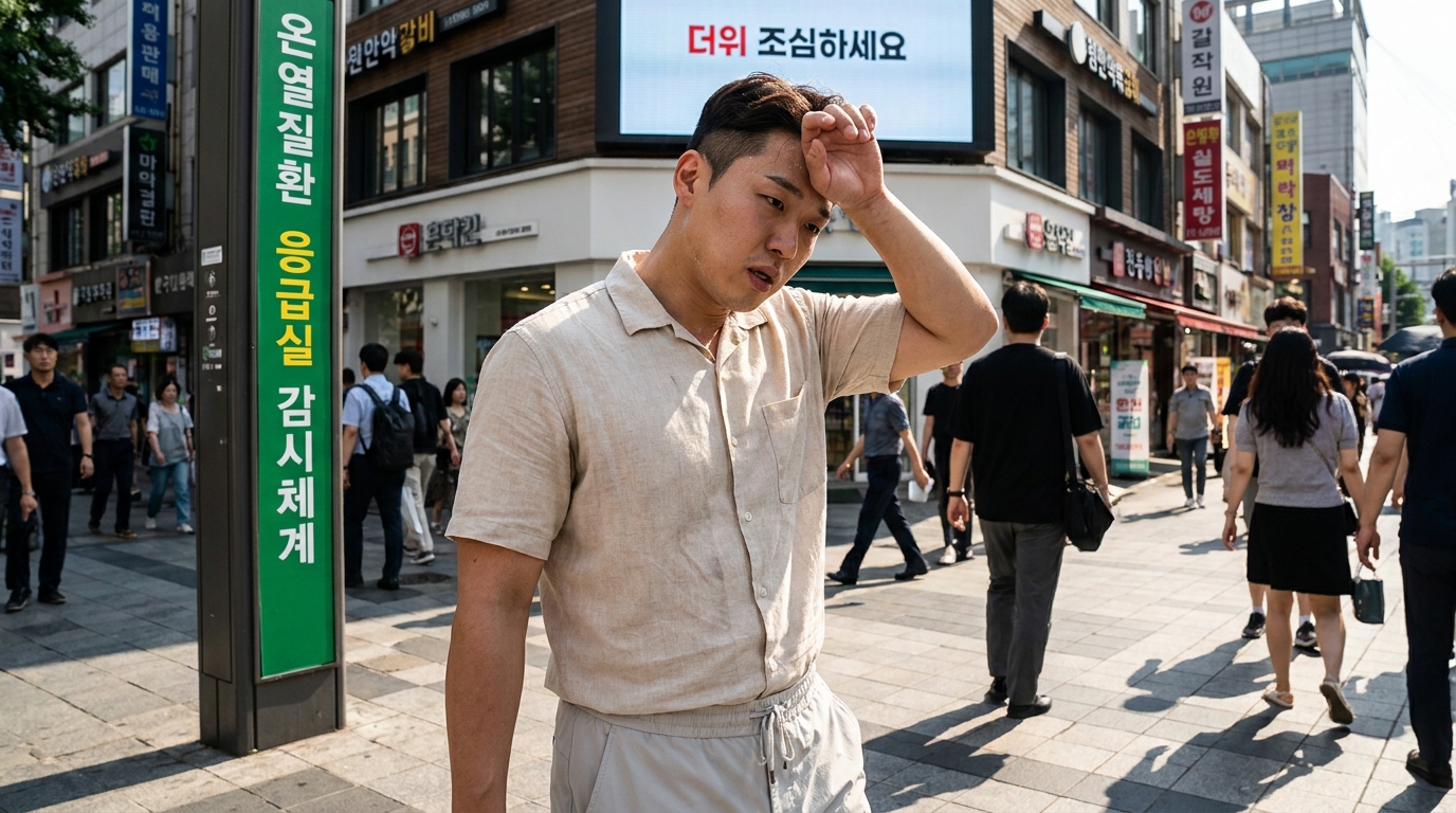 더운 날씨에 지쳐 땀을 닦는 한국 남성