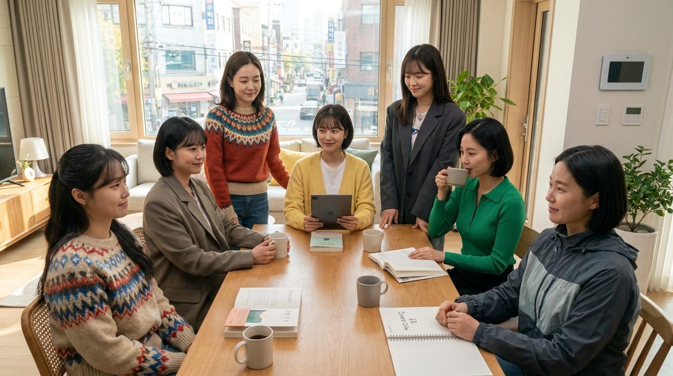 독서모임 아이스브레이킹: 독서모임에서 시작 직후 짧은 침묵이 흐르는 아늑한 분위기를 배경으로 다양한 색상의 현대적 캐주얼 옷을 입은 한국 여성들이 편안하게 앉아 책과 커피잔이 놓인 테이블 주위에서 대화를 준비하는 모습