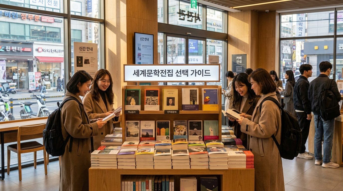 세계문학전집 민음사 문학동네: 대한민국의 현대적인 서점 내 민음사와 문학동네 세계문학전집 진열대와 그 앞에서 책을 고르는 여성 독자들