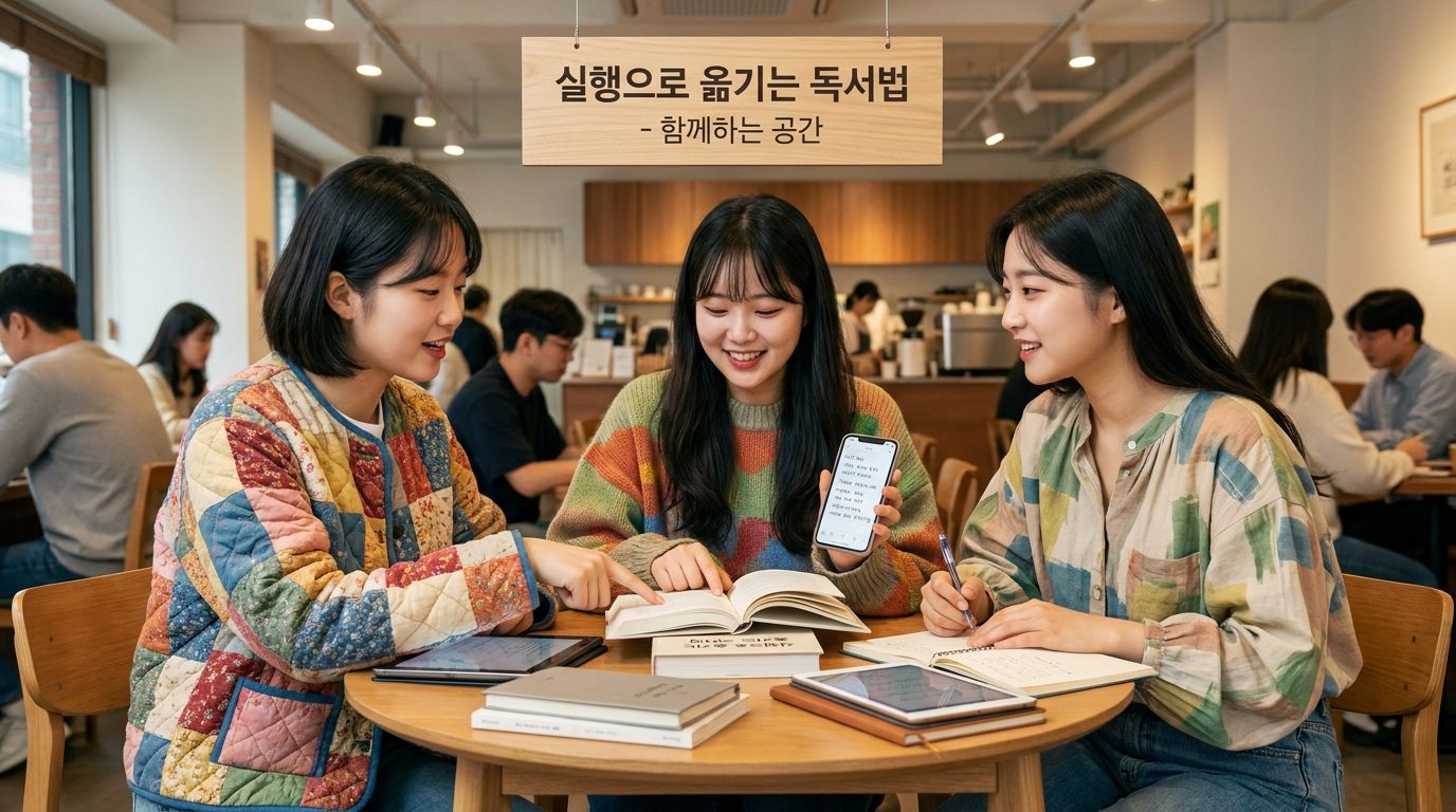 책 내용을 실행으로 옮기는 방법에 대해 토론하는 세 명의 한국 여성 독서 모임