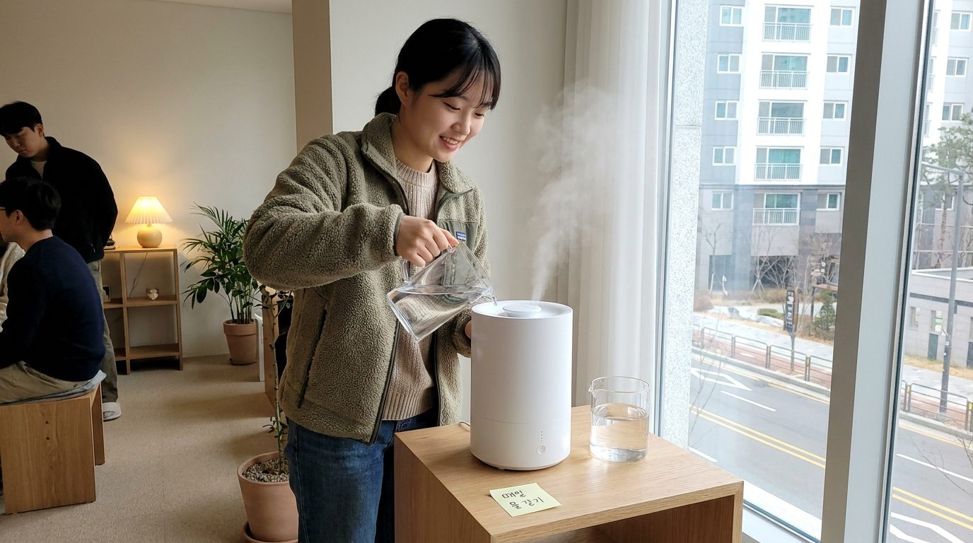 가습기에서 나오는 미세한 수증기를 보며 매일 물을 교체하는 모습을 담은 실내 사진