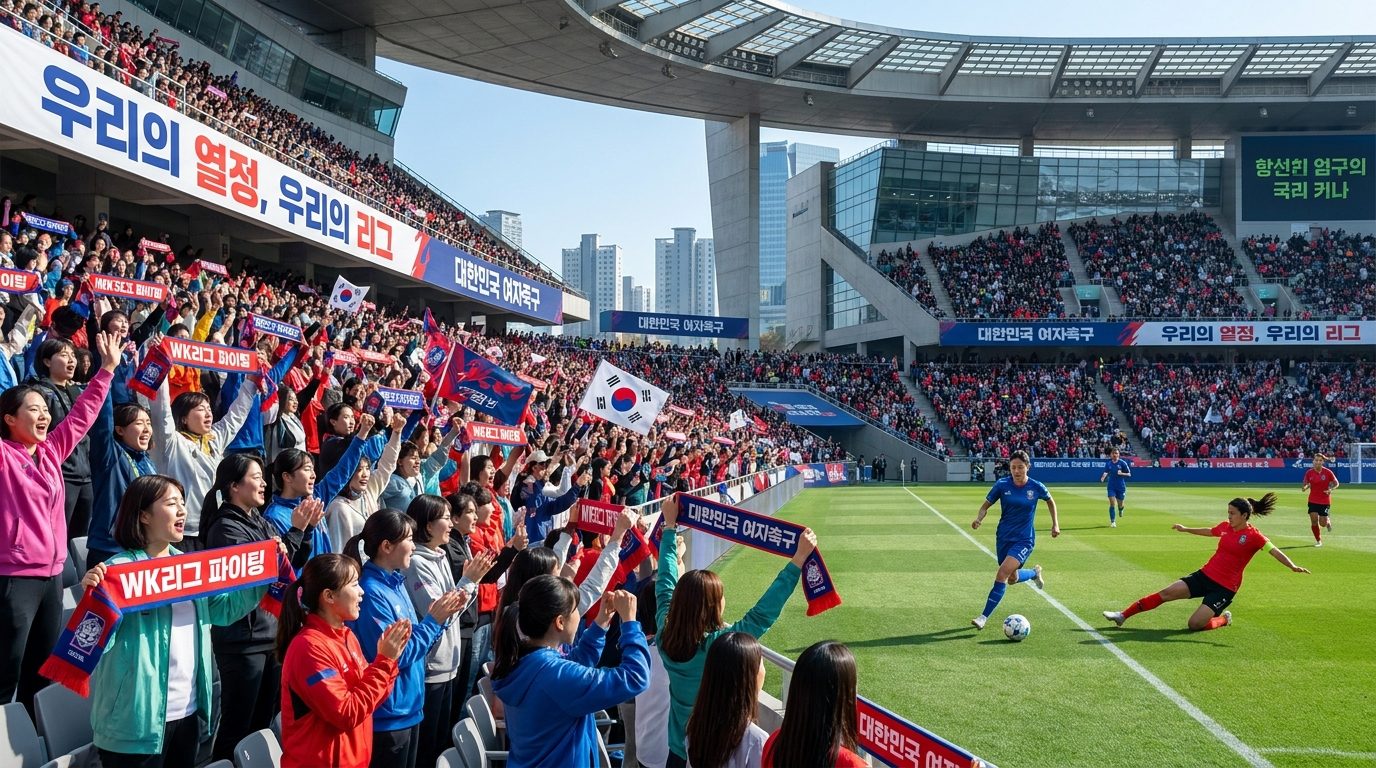 여자 축구 경기장에서 여성 팬들이 응원하는 활기찬 장면