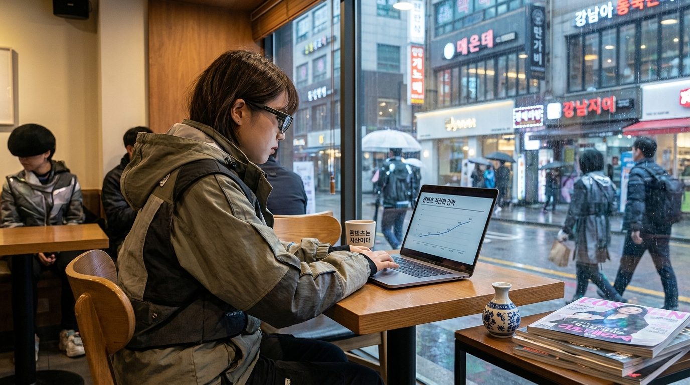 카페에서 노트북 작업 중인 한국 콘텐츠 제작자와 한국어 문구가 있는 커피잔